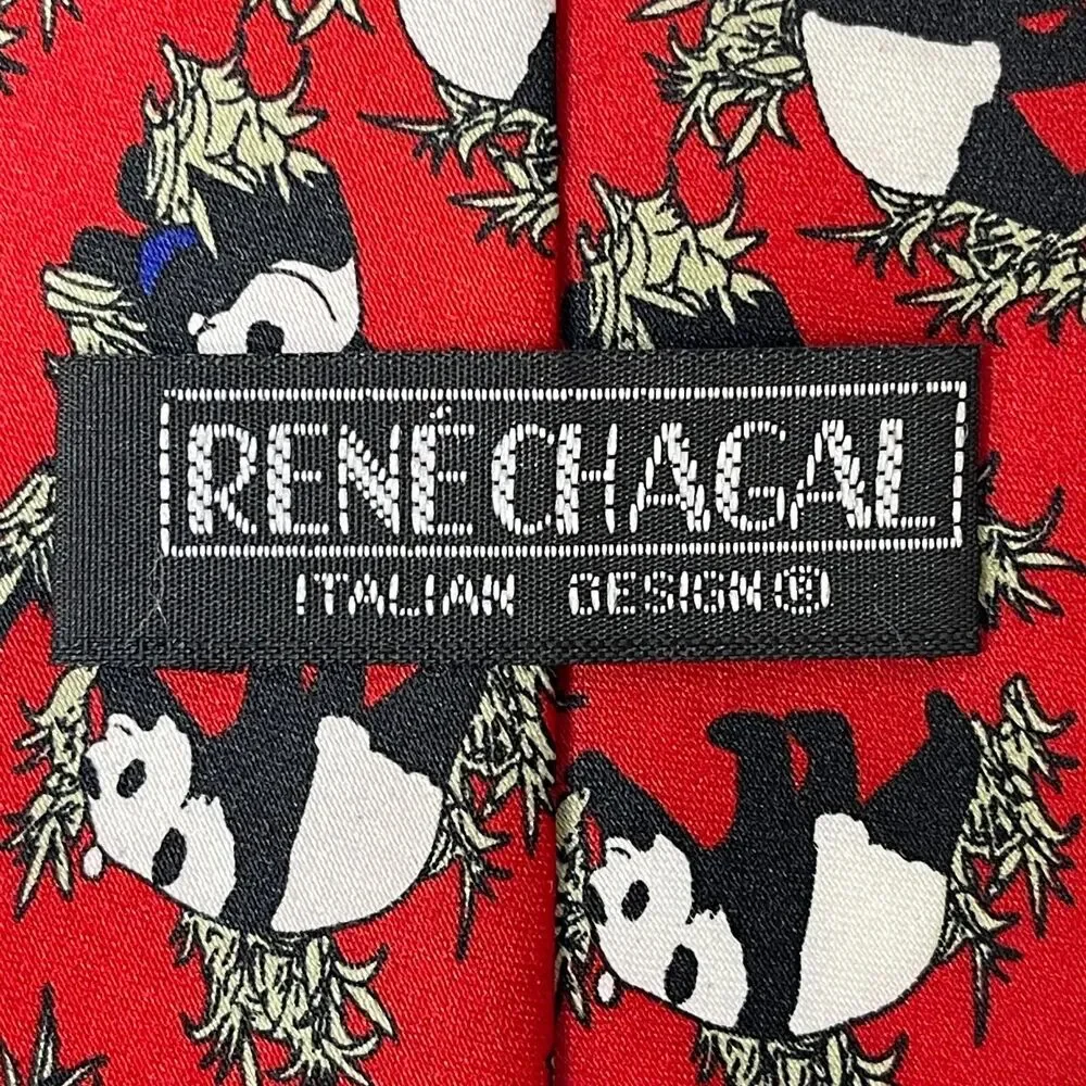 Rene Chagal Italian Design Mens Necktie Giant Panda Red Silk Classic Neck Tie